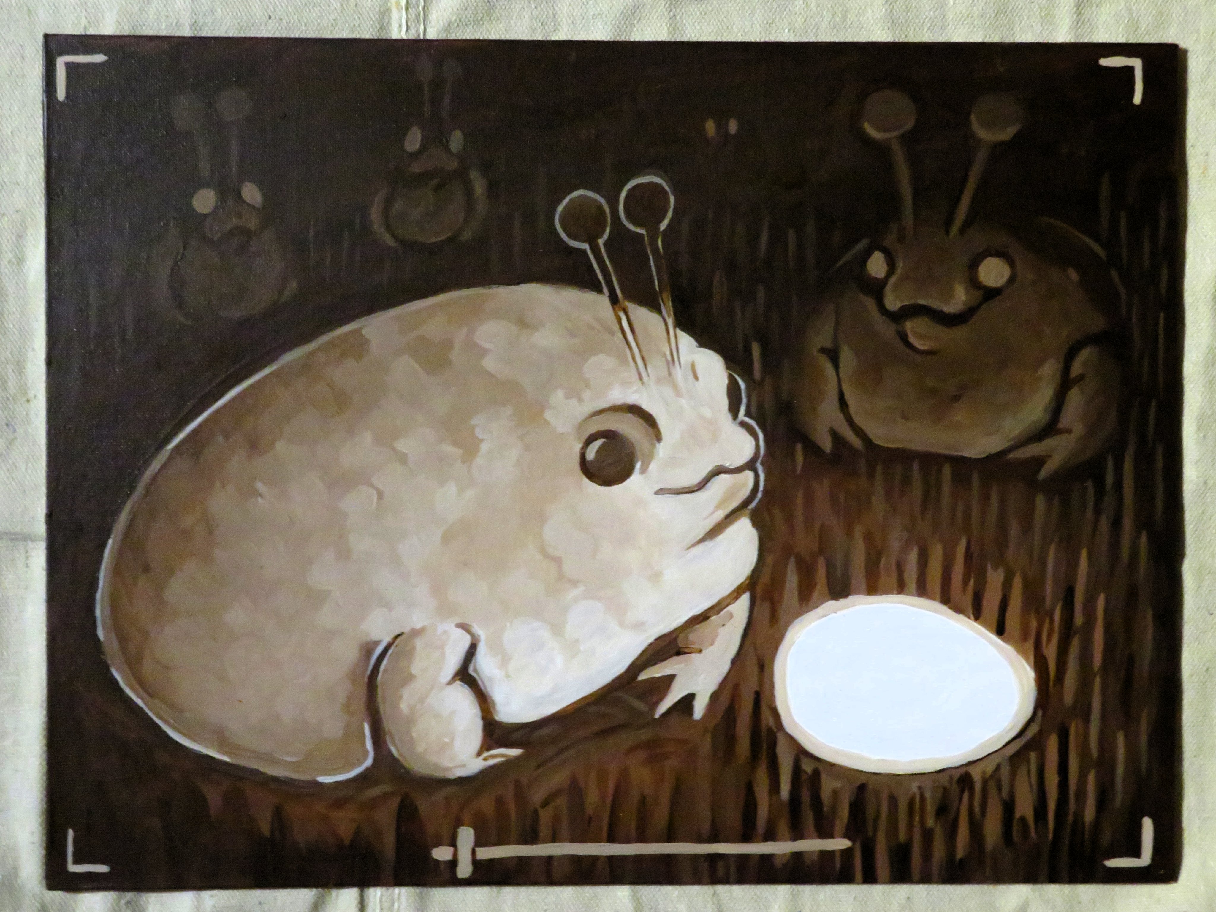 A Painting Replicating Trail Cam Footage of a gathering of Space Frogs Acrylic on 12x16 Canvas Board